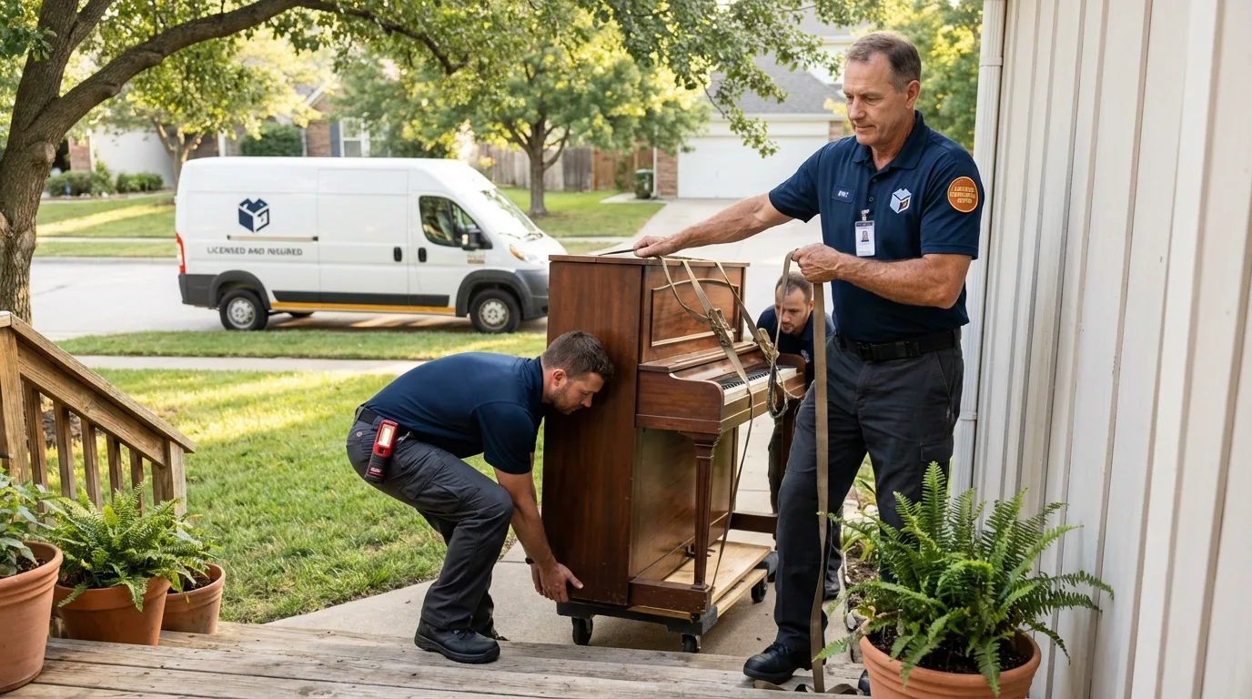 Licensed piano movers securing grand piano in Baltimore, MD